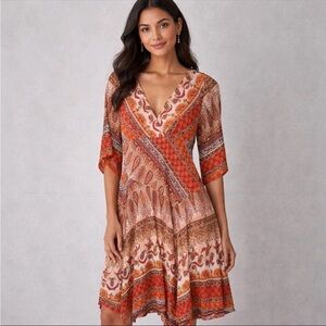 Westport1962 Midi Dress Boho
Patchwork Colorful Warm Tone V-neck
Flared Skirt 4